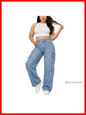 Plus Size High Waisted Cargo Jeans Stretchy Straight Leg Ankle